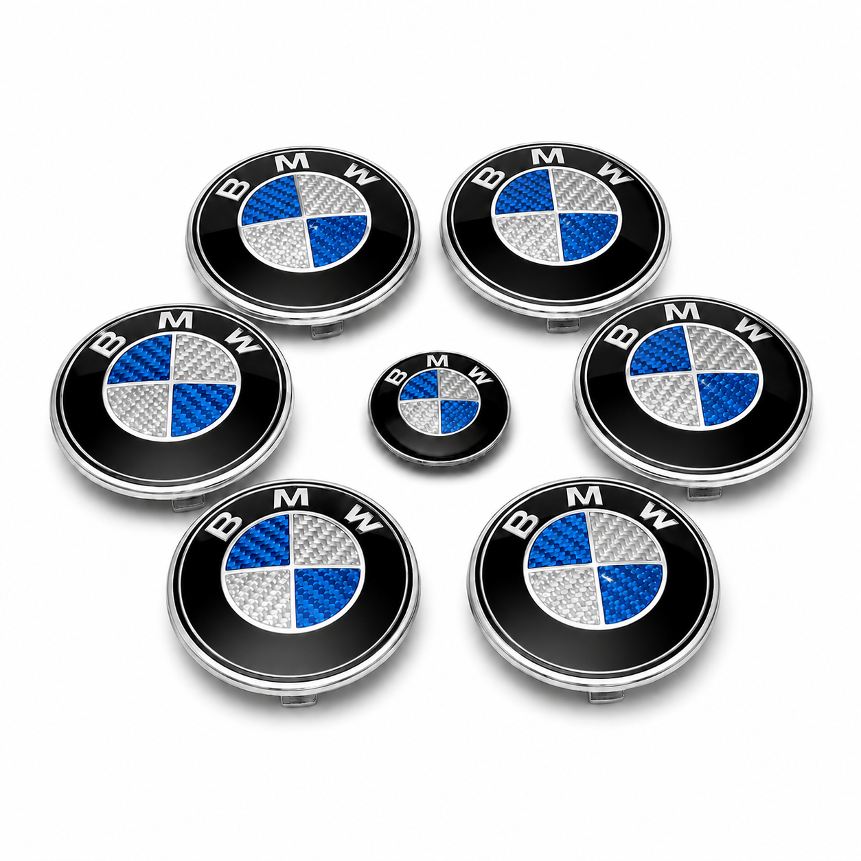 Kit de emblemas BMW modelos E efeito carbono azul e branco