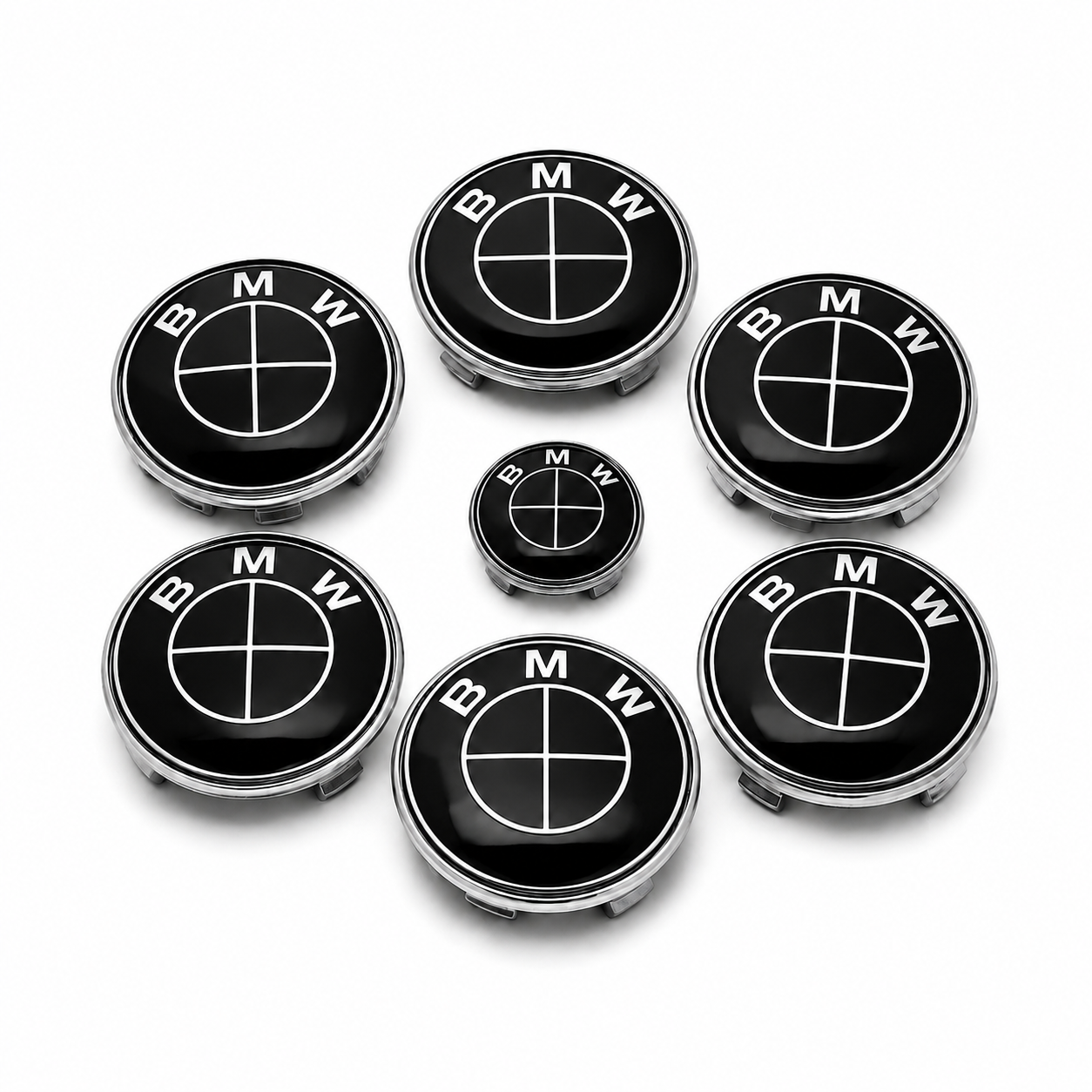 Kit de emblemas BMW modelos E preto com linhas prateadas