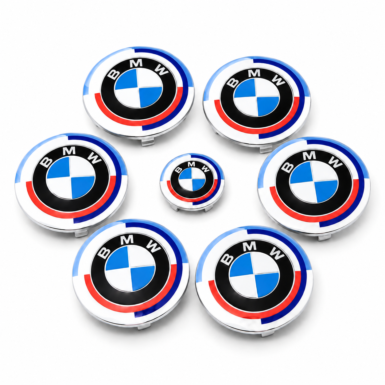 Kit de emblemas BMW modelos E com aro tricolor azul branco e vermelho