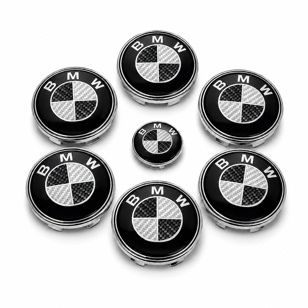 Kit de emblemas BMW modelos E efeito carbono preto e prata